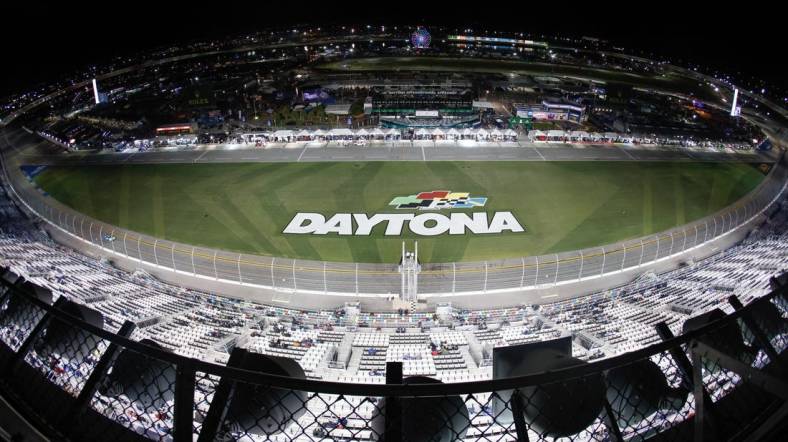 Jan 28, 2023; Daytona Beach, FL, USA;  A birds eye view of the track during the Rolex 24 Hour auto race at Daytona International Speedway. Mandatory Credit: Reinhold Matay-USA TODAY Sports