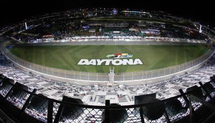 Jan 28, 2023; Daytona Beach, FL, USA;  A birds eye view of the track during the Rolex 24 Hour auto race at Daytona International Speedway. Mandatory Credit: Reinhold Matay-USA TODAY Sports
