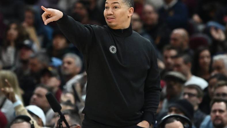 Jan 29, 2023; Cleveland, Ohio, USA; Los Angeles Clippers head coach Tyronn Lue reacts during the second half against the Cleveland Cavaliers at Rocket Mortgage FieldHouse. Mandatory Credit: Ken Blaze-USA TODAY Sports