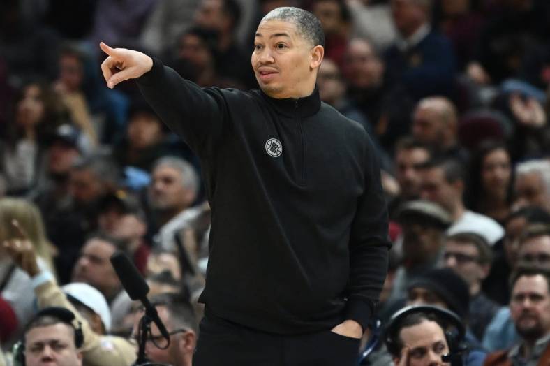 Jan 29, 2023; Cleveland, Ohio, USA; Los Angeles Clippers head coach Tyronn Lue reacts during the second half against the Cleveland Cavaliers at Rocket Mortgage FieldHouse. Mandatory Credit: Ken Blaze-USA TODAY Sports