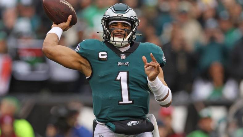 Jan 29, 2023; Philadelphia, Pennsylvania, USA; Philadelphia Eagles quarterback Jalen Hurts (1) throws a pass during the first quarter against the San Francisco 49ers in the NFC Championship game at Lincoln Financial Field. Mandatory Credit: Bill Streicher-USA TODAY Sports