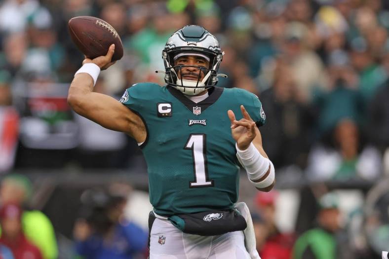 Jan 29, 2023; Philadelphia, Pennsylvania, USA; Philadelphia Eagles quarterback Jalen Hurts (1) throws a pass during the first quarter against the San Francisco 49ers in the NFC Championship game at Lincoln Financial Field. Mandatory Credit: Bill Streicher-USA TODAY Sports