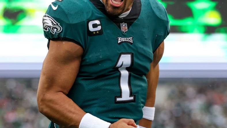 Jan 29, 2023; Philadelphia, Pennsylvania, USA; Philadelphia Eagles quarterback Jalen Hurts (1) reacts before the start of the NFC Championship game against the San Francisco 49ers at Lincoln Financial Field. Mandatory Credit: Bill Streicher-USA TODAY Sports