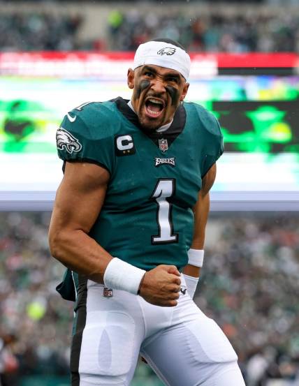 Jan 29, 2023; Philadelphia, Pennsylvania, USA; Philadelphia Eagles quarterback Jalen Hurts (1) reacts before the start of the NFC Championship game against the San Francisco 49ers at Lincoln Financial Field. Mandatory Credit: Bill Streicher-USA TODAY Sports