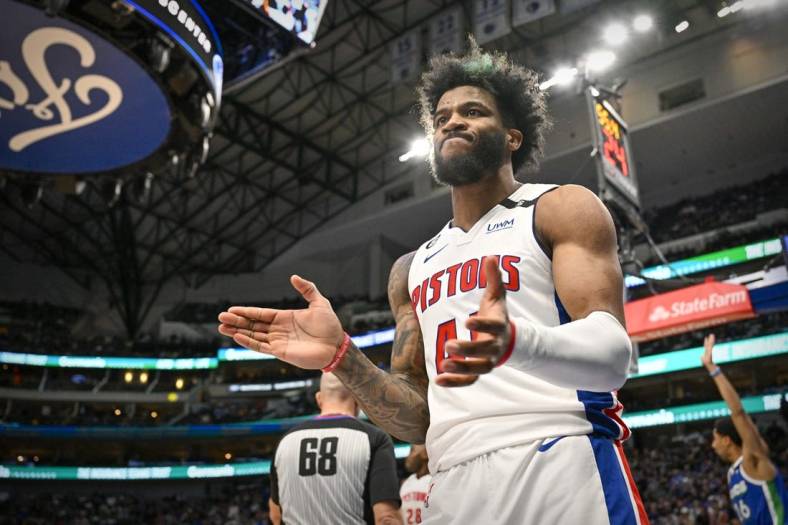 Jan 30, 2023; Dallas, Texas, USA; Detroit Pistons forward Saddiq Bey (41) reacts to missing a shot against the Dallas Mavericks during the second half at the American Airlines Center. Mandatory Credit: Jerome Miron-USA TODAY Sports