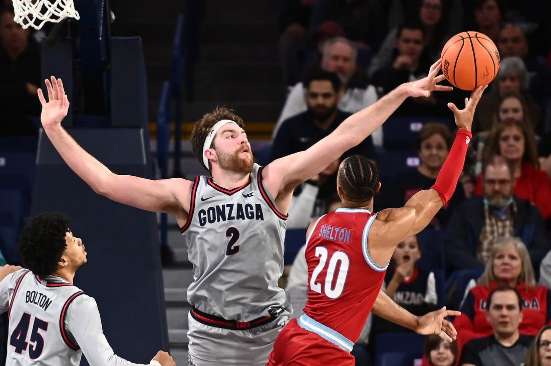 Jan 19, 2023; Spokane, Washington, USA; Loyola Marymount Lions guard Justin Ahrens (2) has his shot blocked by Gonzaga Bulldogs forward Drew Timme (2) in the second half at McCarthey Athletic Center. Mandatory Credit: James Snook-USA TODAY Sports