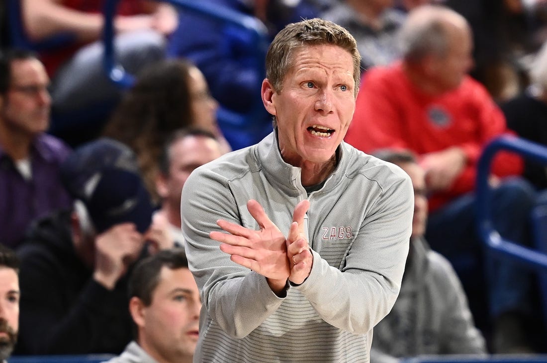 Jan 19, 2023; Spokane, Washington, USA; Gonzaga Bulldogs head coach Mark Few looks on against the Loyola Marymount Lions in the second half at McCarthey Athletic Center. Mandatory Credit: James Snook-USA TODAY Sports