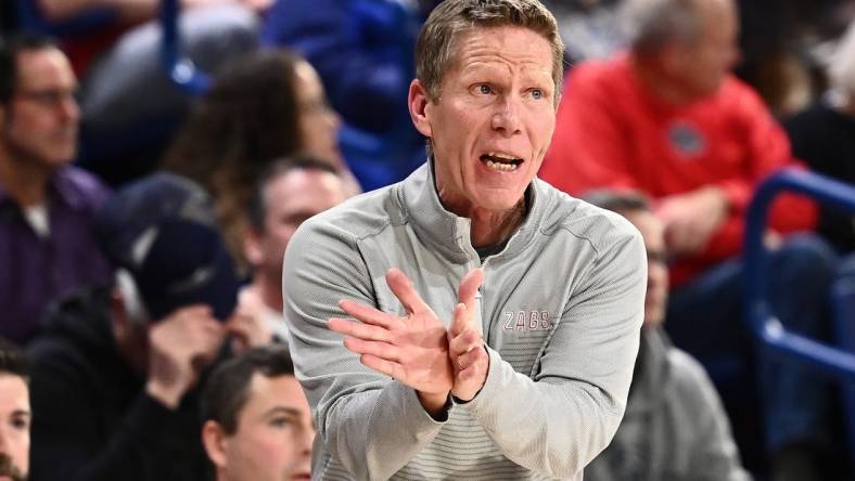 Jan 19, 2023; Spokane, Washington, USA; Gonzaga Bulldogs head coach Mark Few looks on against the Loyola Marymount Lions in the second half at McCarthey Athletic Center. Mandatory Credit: James Snook-USA TODAY Sports