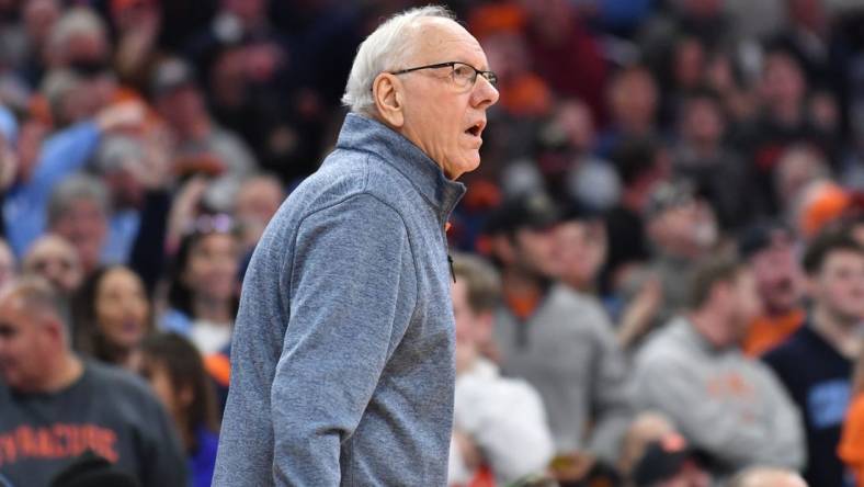 Jan 24, 2023; Syracuse, New York, USA; Syracuse Orange head coach Jim Boeheim watches play against the North Carolina Tar Heels in the second half at JMA Wireless Dome. Mandatory Credit: Mark Konezny-USA TODAY Sports