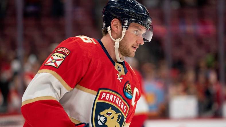 Jan 27, 2023; Sunrise, Florida, USA; Florida Panthers center Aleksander Barkov (16) looks on during warm-ups prior to the game against the Los Angeles Kings at FLA Live Arena. Mandatory Credit: Jason Mowry-USA TODAY Sports