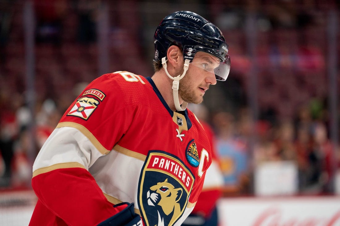 Jan 27, 2023; Sunrise, Florida, USA; Florida Panthers center Aleksander Barkov (16) looks on during warm-ups prior to the game against the Los Angeles Kings at FLA Live Arena. Mandatory Credit: Jason Mowry-USA TODAY Sports