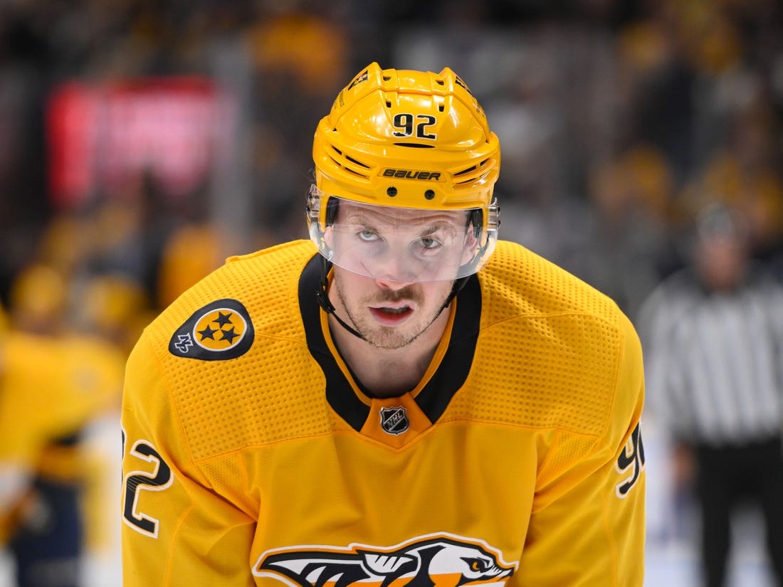 Jan 24, 2023; Nashville, Tennessee, USA;  Nashville Predators center Ryan Johansen (92) against the Winnipeg Jets during the third period at Bridgestone Arena. Mandatory Credit: Steve Roberts-USA TODAY Sports