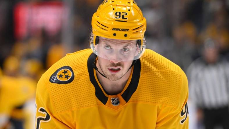 Jan 24, 2023; Nashville, Tennessee, USA;  Nashville Predators center Ryan Johansen (92) against the Winnipeg Jets during the third period at Bridgestone Arena. Mandatory Credit: Steve Roberts-USA TODAY Sports