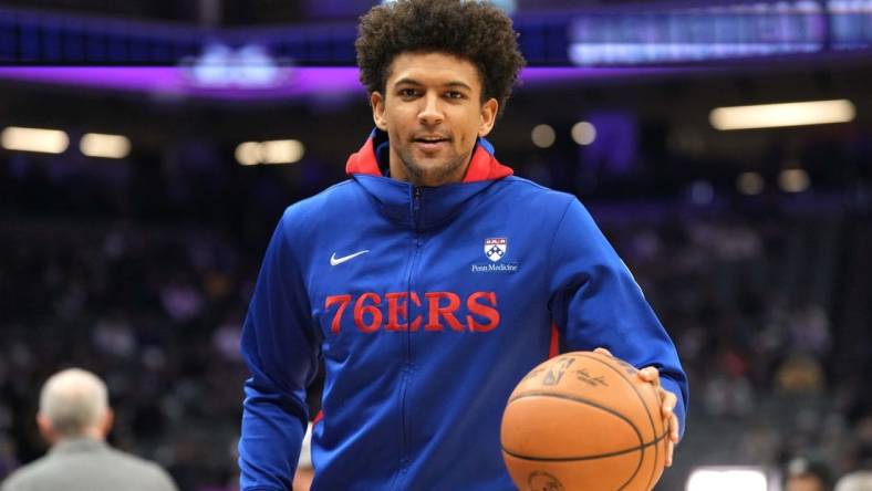 Jan 21, 2023; Sacramento, California, USA; Philadelphia 76ers guard Matisse Thybulle (22) warms up before the game against the Sacramento Kings at Golden 1 Center. Mandatory Credit: Darren Yamashita-USA TODAY Sports