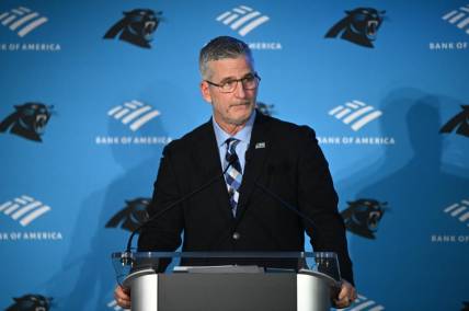 Jan 31, 2023; Charlotte, NC, USA; Carolina Panthers head coach Frank Reich speaks at his introductory press conference at Bank of America Stadium. Mandatory Credit: Griffin Zetterberg-USA TODAY Sports