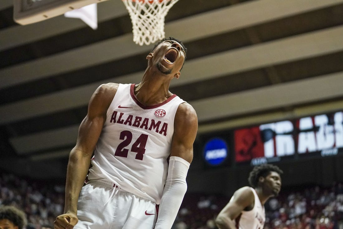 Jan 31, 2023; Tuscaloosa, Alabama, USA; Alabama Crimson Tide forward Brandon Miller (24) reacts after a play against the Vanderbilt Commodores during the second half at Coleman Coliseum. Mandatory Credit: Marvin Gentry-USA TODAY Sports