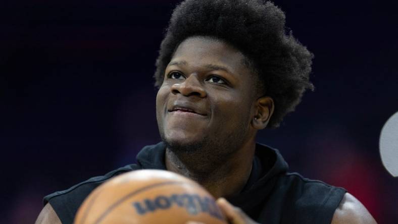 Feb 1, 2023; Philadelphia, Pennsylvania, USA; Orlando Magic center Mo Bamba warms up before action against the Philadelphia 76ers at Wells Fargo Center. Mandatory Credit: Bill Streicher-USA TODAY Sports