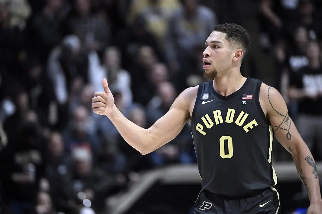 Feb 1, 2023; West Lafayette, Indiana, USA;  Purdue Boilermakers forward Mason Gillis (0) gives a thumbs up to the bench during the second half against the Penn State Nittany Lions at Mackey Arena. The Boilermakers won 80 to 60.  Mandatory Credit: Marc Lebryk-USA TODAY Sports