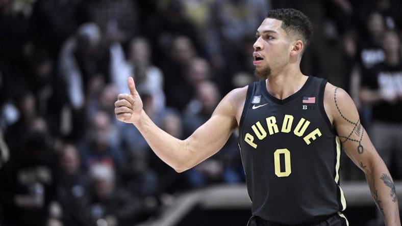 Feb 1, 2023; West Lafayette, Indiana, USA;  Purdue Boilermakers forward Mason Gillis (0) gives a thumbs up to the bench during the second half against the Penn State Nittany Lions at Mackey Arena. The Boilermakers won 80 to 60.  Mandatory Credit: Marc Lebryk-USA TODAY Sports