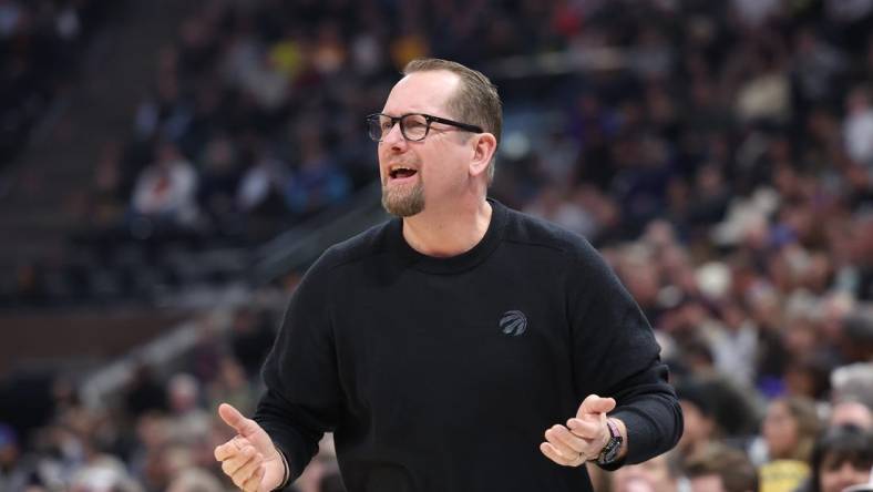 Feb 1, 2023; Salt Lake City, Utah, USA; Toronto Raptors head coach Nick Nurse reacts to a play against the Utah Jazz in the first quarter at Vivint Arena. Mandatory Credit: Rob Gray-USA TODAY Sports