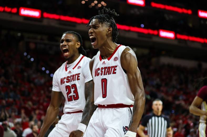 Feb 1, 2023; Raleigh, North Carolina, USA; North Carolina State Wolfpack guard Terquavion Smith (0) and North Carolina State Wolfpack forward Greg Gantt (23) react to a basket scored during the first half against Florida State at PNC Arena.  Mandatory Credit: Jaylynn Nash-USA TODAY Sports