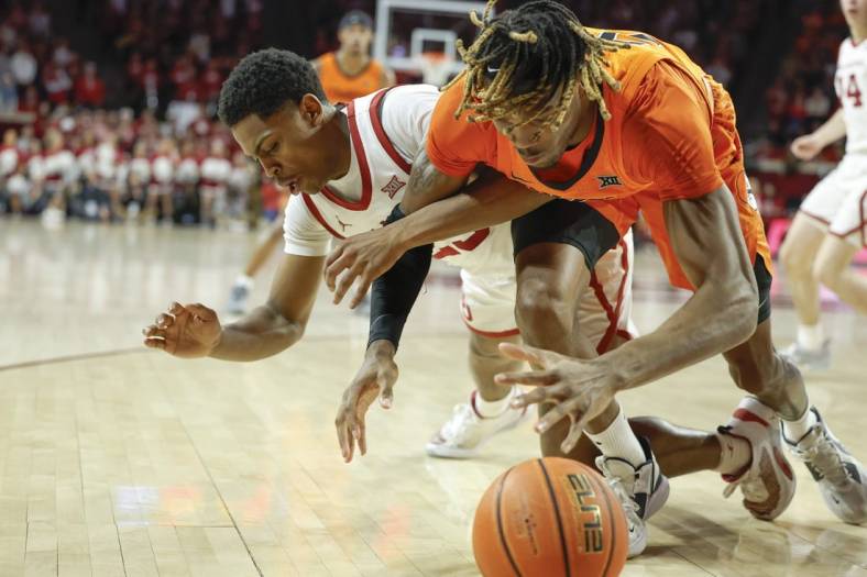 Feb 1, 2023; Norman, Oklahoma, USA; Oklahoma State Cowboys forward Tyreek Smith (23) and Oklahoma Sooners guard Grant Sherfield (25) fight for a loose ball during the first half at Lloyd Noble Center. Mandatory Credit: Alonzo Adams-USA TODAY Sports