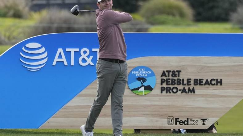 Feb 2, 2023; Pebble Beach, California, USA; Hank Lebioda hits his tee shot on the seventeenth hole during the first round of the AT&T Pebble Beach Pro-Am golf tournament at Monterey Peninsula Country Club - Shore Course. Mandatory Credit: Ray Acevedo-USA TODAY Sports