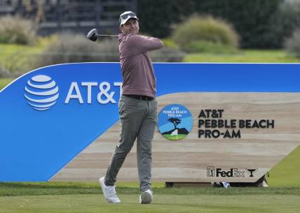 Feb 2, 2023; Pebble Beach, California, USA; Hank Lebioda hits his tee shot on the seventeenth hole during the first round of the AT&T Pebble Beach Pro-Am golf tournament at Monterey Peninsula Country Club - Shore Course. Mandatory Credit: Ray Acevedo-USA TODAY Sports