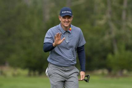 February 3, 2023; Pebble Beach, California, USA; Justin Rose acknowledges the crowd after his putt on the ninth hole during the second round of the AT&T Pebble Beach Pro-Am golf tournament at Spyglass Hill Golf Course. Mandatory Credit: Kyle Terada-USA TODAY Sports