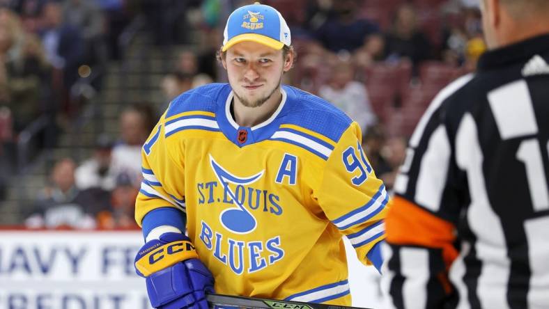 Feb 3, 2023; Sunrise, Florida, USA; St. Louis Blues right wing Vladimir Tarasenko (91) reacts during the 2023 NHL All-Star Skills Competition at FLA Live Arena. Mandatory Credit: Sam Navarro-USA TODAY Sports