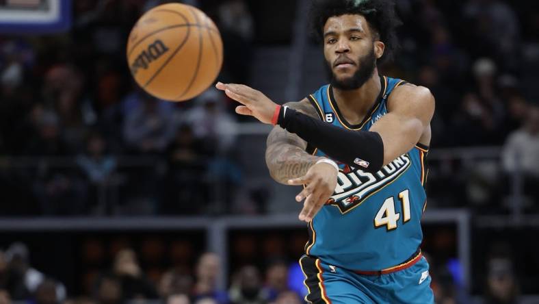 Feb 3, 2023; Detroit, Michigan, USA;  Detroit Pistons forward Saddiq Bey (41) passes in the second half against the Charlotte Hornets at Little Caesars Arena. Mandatory Credit: Rick Osentoski-USA TODAY Sports