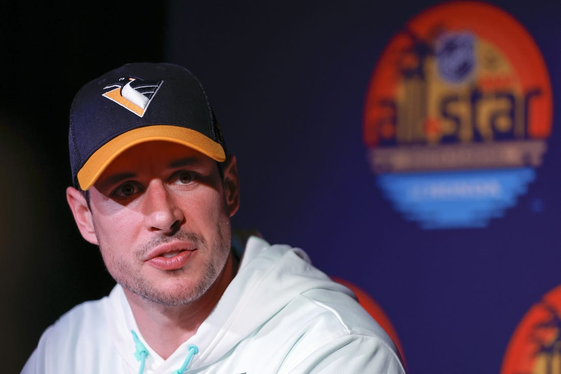 Feb 3, 2023; Sunrise, Florida, USA; Pittsburgh Penguins center Sidney Crosby (87) talks to the media after the 2023 NHL All-Star Skills Competition at FLA Live Arena. Mandatory Credit: Sam Navarro-USA TODAY Sports