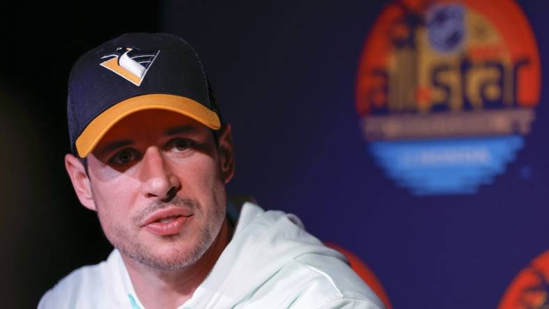 Feb 3, 2023; Sunrise, Florida, USA; Pittsburgh Penguins center Sidney Crosby (87) talks to the media after the 2023 NHL All-Star Skills Competition at FLA Live Arena. Mandatory Credit: Sam Navarro-USA TODAY Sports