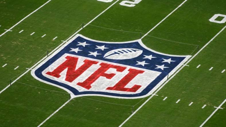 Feb 3, 2023; Las Vegas, NV, USA; A NFL Shield logo on the flag football field at Allegiant Stadium. Mandatory Credit: Kirby Lee-USA TODAY Sports