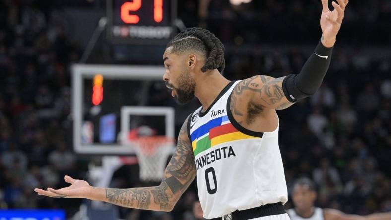 Feb 3, 2023; Minneapolis, Minnesota, USA; Minnesota Timberwolves guard D'Angelo Russell (0) reacts during the third quarter against the Orlando Magic at Target Center. Mandatory Credit: Jeffrey Becker-USA TODAY Sports