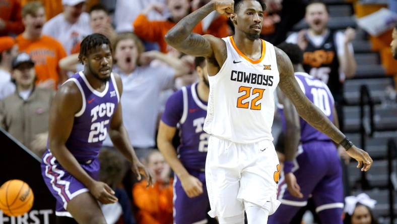 Oklahoma State's Kalib Boone (22) celebrates after a basket in the first half during the men's college basketball game between the Oklahoma State Cowboys and TCU Horned Frog at Gallagher-IBA Arena in Stillwater, Okla., Saturday, Feb.4, 2023.

Osu Mbb V Tcu