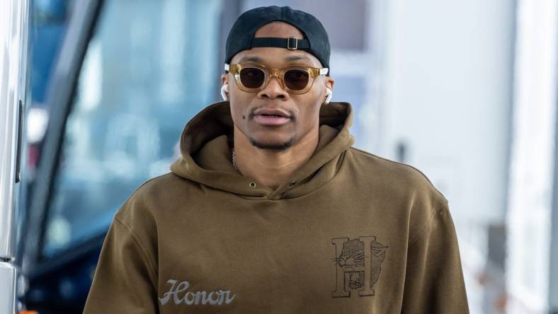 Feb 4, 2023; New Orleans, Louisiana, USA;  Los Angeles Lakers guard Russell Westbrook (0) arrives at the arena before the game against the New Orleans Pelicans at Smoothie King Center. Mandatory Credit: Stephen Lew-USA TODAY Sports