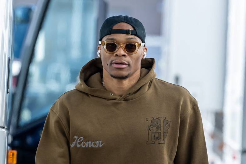 Feb 4, 2023; New Orleans, Louisiana, USA;  Los Angeles Lakers guard Russell Westbrook (0) arrives at the arena before the game against the New Orleans Pelicans at Smoothie King Center. Mandatory Credit: Stephen Lew-USA TODAY Sports