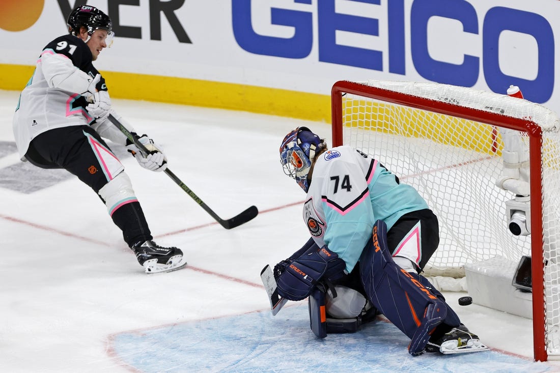 Feb 4, 2023; Sunrise, Florida, USA; Central Division forward Vladimir Tarasenko (91) of the St. Louis Blues scores a goal against Central Division goaltender Juuse Saros (74) of the Nashville Predators during the second period of a semifinal game during the 2023 NHL All-Star Game at FLA Live Arena. Mandatory Credit: Sam Navarro-USA TODAY Sports