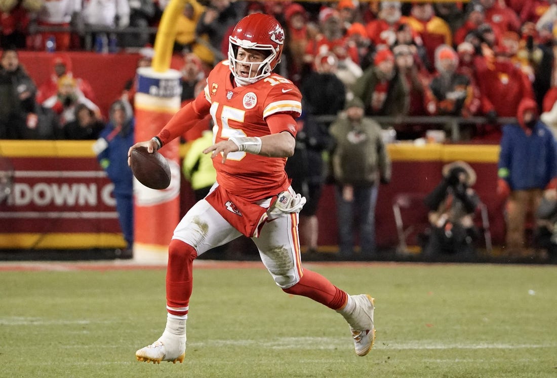 Jan 29, 2023; Kansas City, Missouri, USA; Kansas City Chiefs quarterback Patrick Mahomes (15) against the Cincinnati Bengals during the AFC Championship game at GEHA Field at Arrowhead Stadium. Mandatory Credit: Denny Medley-USA TODAY Sports