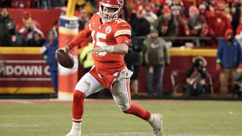 Jan 29, 2023; Kansas City, Missouri, USA; Kansas City Chiefs quarterback Patrick Mahomes (15) against the Cincinnati Bengals during the AFC Championship game at GEHA Field at Arrowhead Stadium. Mandatory Credit: Denny Medley-USA TODAY Sports