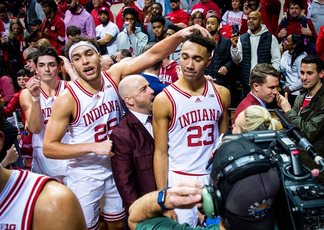 Indiana's Race Thompson (25) congratulates Trayce Jackson-Davis (23) after the Indiana versus Purdue men's basketball game at Simon Skjodt Assembly Hall on Saturday, Feb. 4, 2023.

Iu Pu Mbb 2h Thompson Tjd