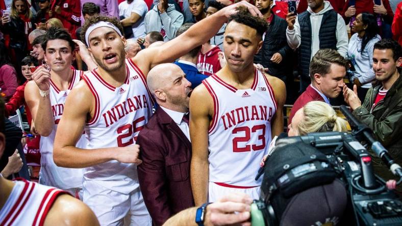 Indiana's Race Thompson (25) congratulates Trayce Jackson-Davis (23) after the Indiana versus Purdue men's basketball game at Simon Skjodt Assembly Hall on Saturday, Feb. 4, 2023.

Iu Pu Mbb 2h Thompson Tjd