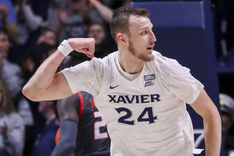 Feb 4, 2023; Cincinnati, Ohio, USA; Xavier Musketeers forward Jack Nunge (24) reacts after a play against the St. John's Red Storm in the first half at Cintas Center. Mandatory Credit: Katie Stratman-USA TODAY Sports