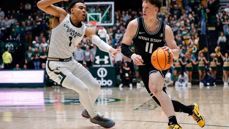 Feb 4, 2023; Fort Collins, Colorado, USA; Utah State Aggies guard Max Shulga (11) drives to the net against Colorado State Rams guard John Tonje (1) in the first half at Moby Arena. Mandatory Credit: Isaiah J. Downing-USA TODAY Sports