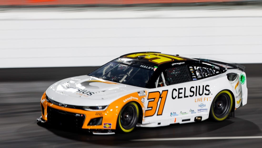 Feb 4, 2023; Los Angeles, California, USA; NASCAR Cup Series driver Justin Haley (31) wins the pole during qualifying for the Busch Light Clash at the Coliseum at the Los Angeles Memorial Coliseum. Mandatory Credit: Jason Parkhurst-USA TODAY Sports