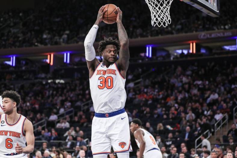 Feb 4, 2023; New York, New York, USA;  New York Knicks forward Julius Randle (30) grabs a rebound in the third quarter against the LA Clippers at Madison Square Garden. Mandatory Credit: Wendell Cruz-USA TODAY Sports