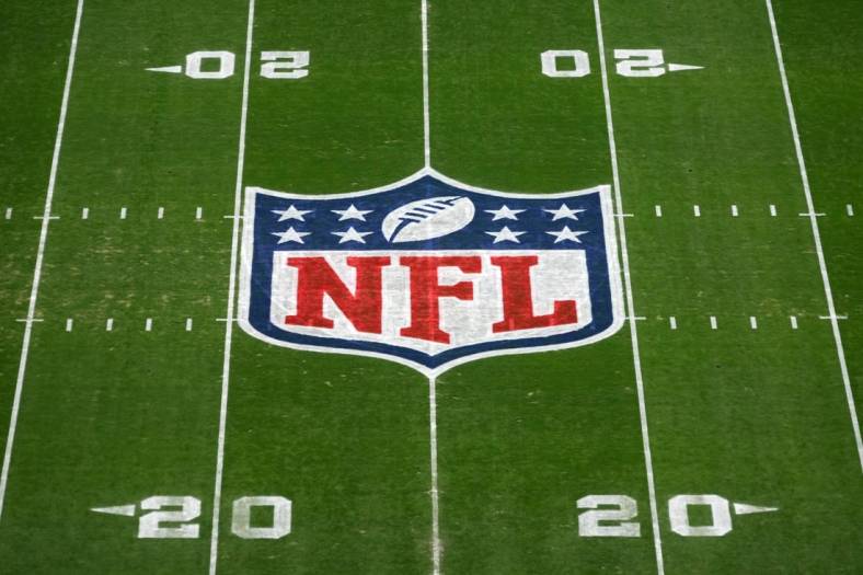 Feb 4, 2023; Paradise, NV, USA; The NFL shield logo at midfield of the Pro Bowl Games flag football field at Allegiant Stadium. Mandatory Credit: Kirby Lee-USA TODAY Sports