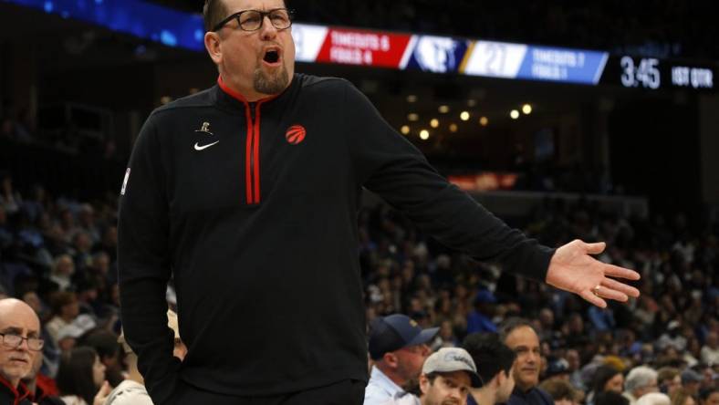 Feb 5, 2023; Memphis, Tennessee, USA; Toronto Raptors head coach Nick Nurse reacts during the first half against the Memphis Grizzlies at FedExForum. Mandatory Credit: Petre Thomas-USA TODAY Sports