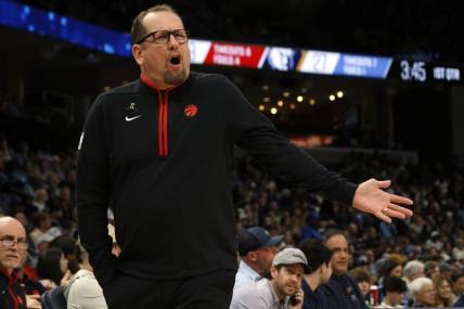 Feb 5, 2023; Memphis, Tennessee, USA; Toronto Raptors head coach Nick Nurse reacts during the first half against the Memphis Grizzlies at FedExForum. Mandatory Credit: Petre Thomas-USA TODAY Sports